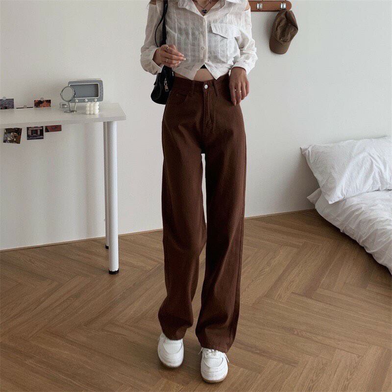Quần jeans nữ kaki ống rộng xuông loe đứng, Quần bò cạp cao hottrend 2022