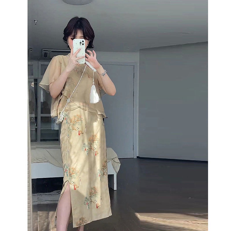 Bộ Áo + Chân Váy Sườn Xám Cách Tân Chất Liệu Chiffon Phong Cách Trung Hoa Cổ Điển Thời Trang 2022 07.28