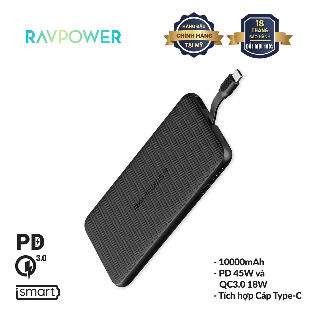 [Mã ELTECHZONE giảm 5% đơn 500K] Pin Sạc Dự Phòng RAVPower 10000mAh PD 18W, Tích Hợp Cáp Type-C RP-PB161