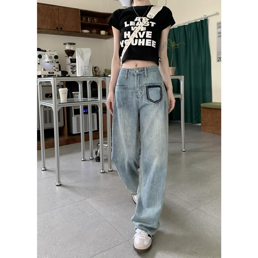 Quần Jean Ống Rộng Lưng Cao Có Túi Màu Sắc Tương Phản Phong Cách Thời Trang Mới 64186