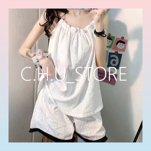 Set 2 Dây Trắng Đũi Nhăn CHUSTORENữ [FREESHIP] 🌸 Bộ ngủ quần voan ống rộng, áo thun lụa mát mặc ở nhà