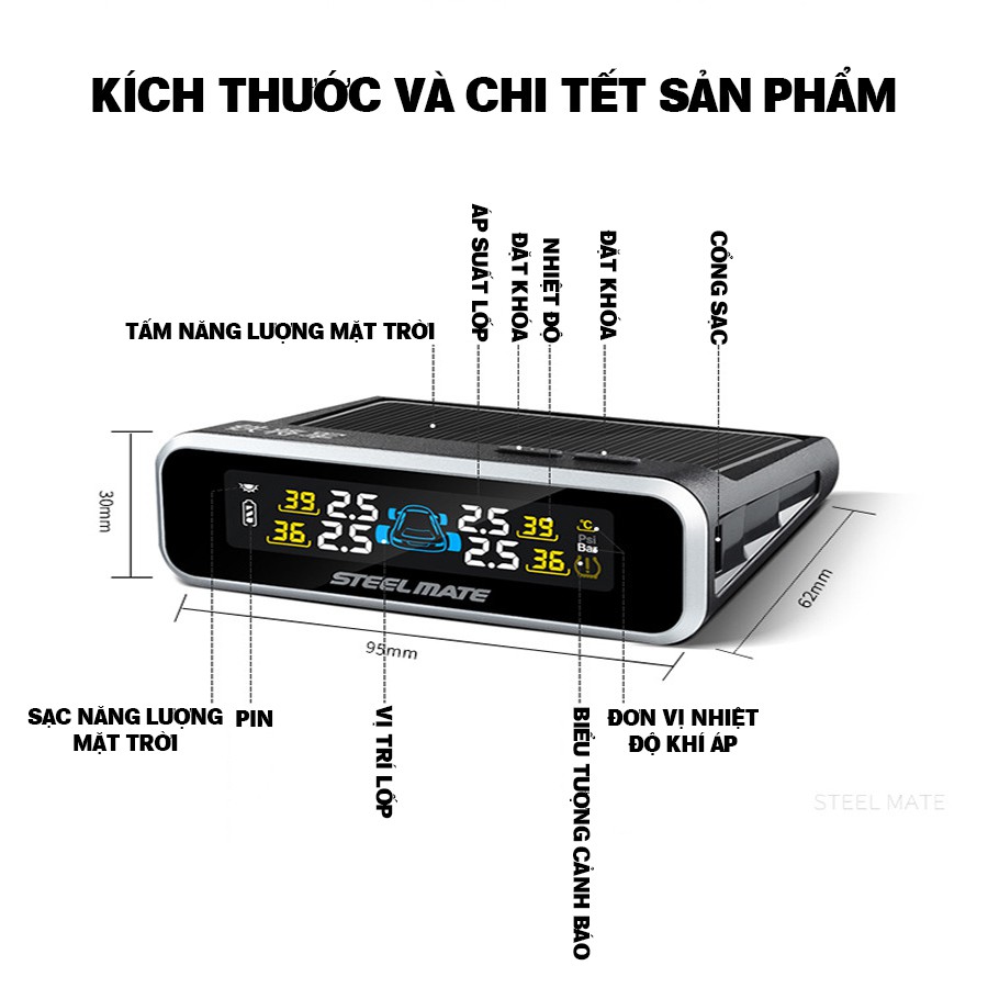 Cảm biến áp suất lốp van trong TPMS không dây Car365 phân phối chính hãng STEELMATE có màn hình màu hiển thị thông số