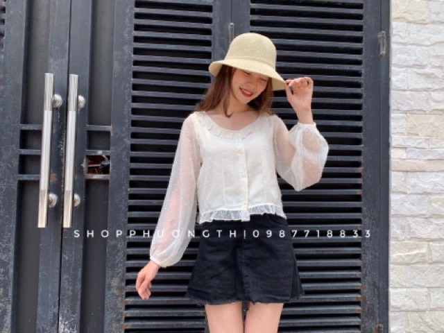Áo sơmi voan tơ chấm bi - sơmi tiểu thư vintage (hình shop tự chụp/sẵn)