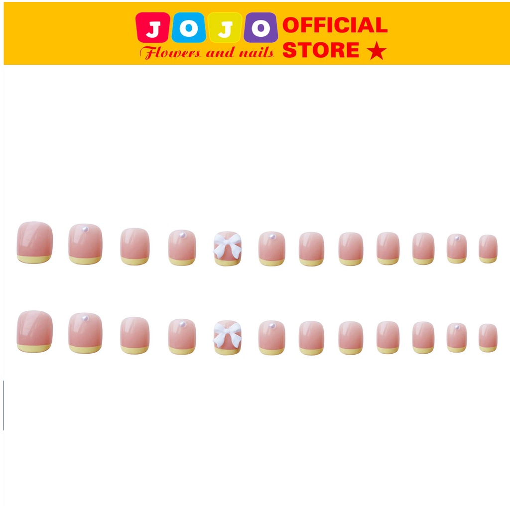 Set 24 móng tay giả đính nơ 3D Jojo Z68 mầu hồng tiểu thư kèm ngọc trai sang trọng, móng giả đính nơ 3D đẹp làm nail