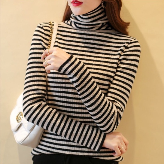 VVvn Áo Sweater Cổ Ca oDáng Ôm Kẻ Sọc Thời Trang ThuĐôngMới