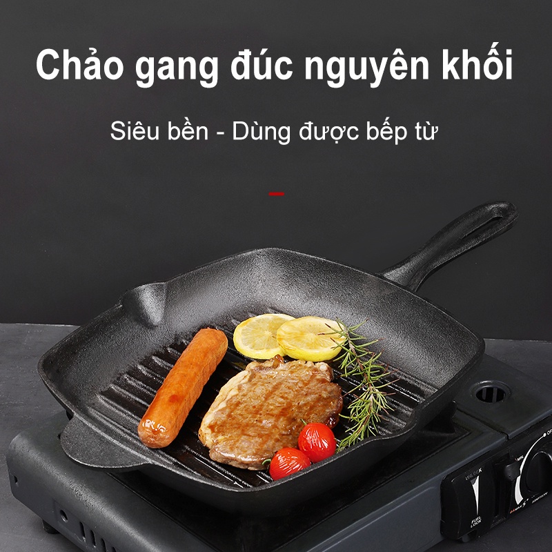 Chảo Gang Thô Đúc Thủ Công Nguyên Khối Chảo Gang Truyền Thống Làm Bít Tết Siêu Bền Dùng Được Với Bếp Từ HB88