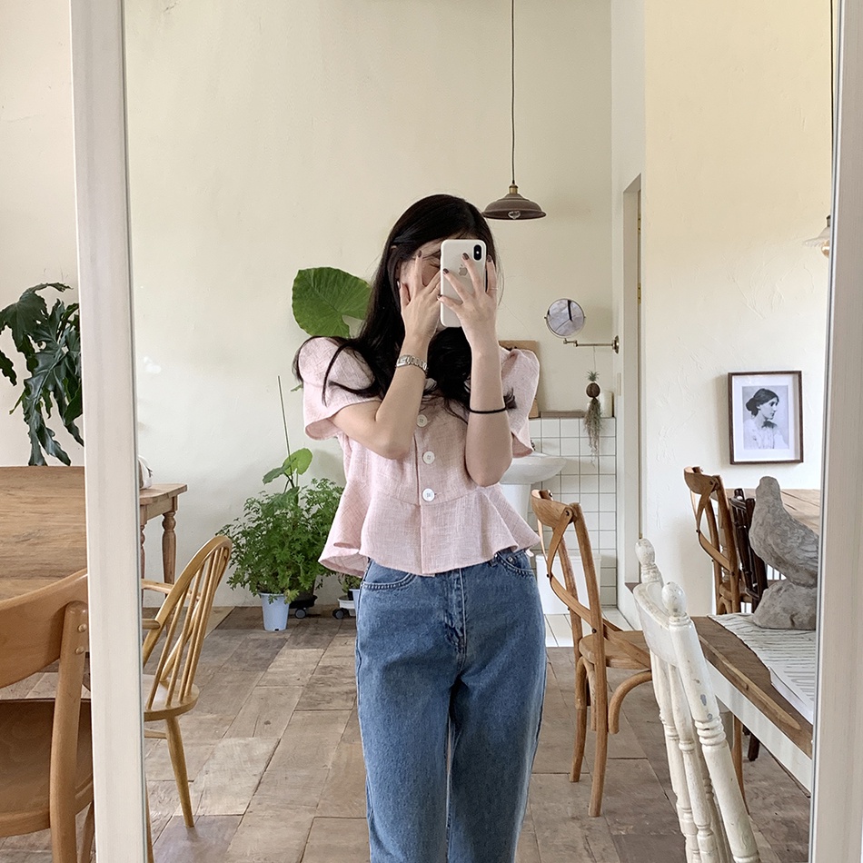 Áo Kiểu Tay Phồng Ngắn Cổ Vuông Thời Trang Hàn Quốc Xinh Xắn Cho Nữ