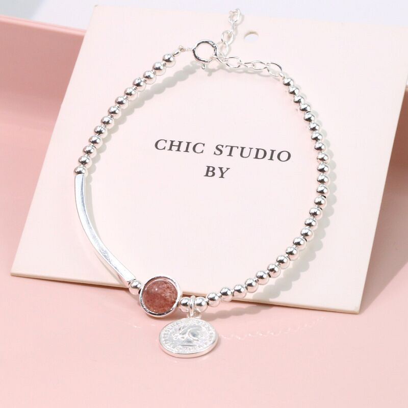 Vòng tay nữ bạc S925 - Lắc tay bạc Ý nữ bi bạc đá dâu hồng hình Penny dễ thương ZaZa.accessories