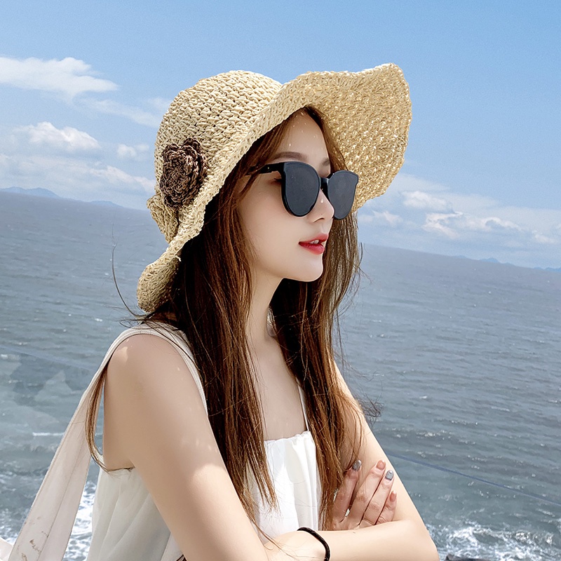 Nón cói rộng vành đính hoa thời trang đi biển mùa hè dành cho nữ