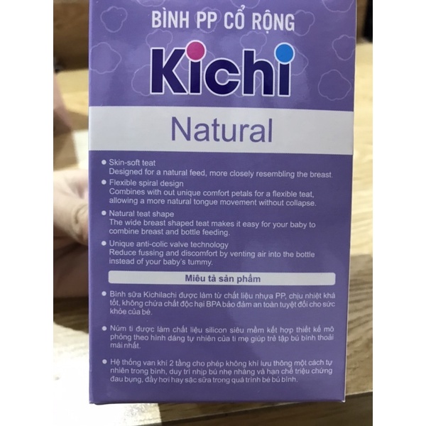 Bình sữa cổ rộng PP KICHILACHI NATURAL cho bé núm ti siêu mềm mô phỏng hình dáng của ti mẹ 125-260ml