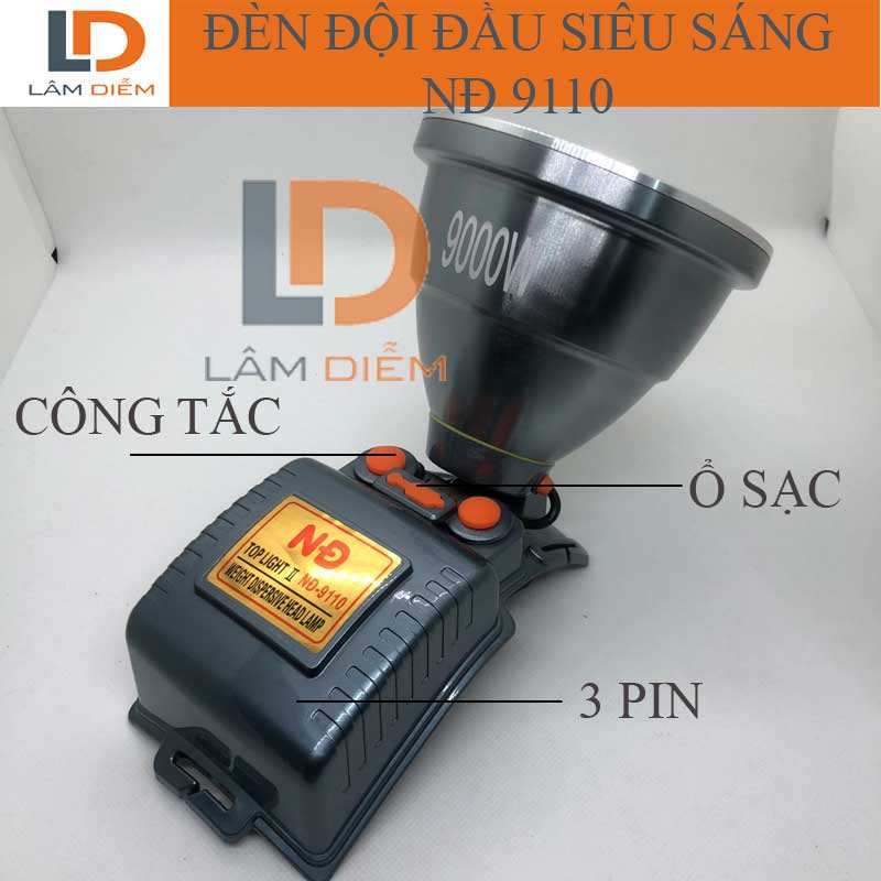 Đèn pin đội pin lithium siêu sáng 3 chế độ công suất lớn  9110 - 9950
