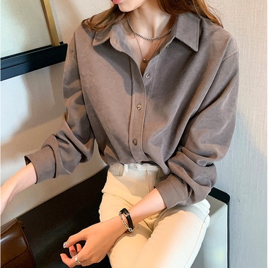 Áo sơ mi nữ SUXI tay dài dáng rộng phong cách retro dễ phối đồ thường ngày