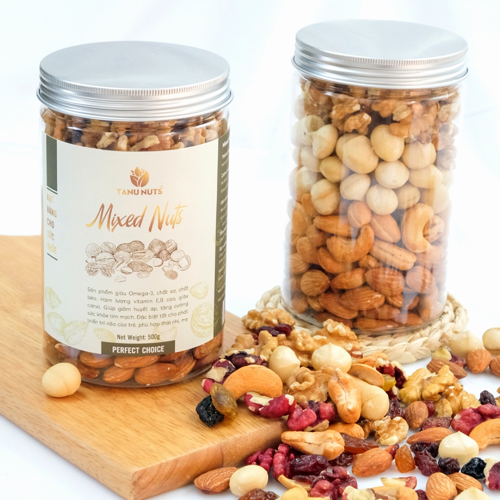 Hạt mix dinh dưỡng 4 loại macca, óc chó, hạnh nhân, hạt điều TANU NUTS thơm ngon bổ dưỡng 500g