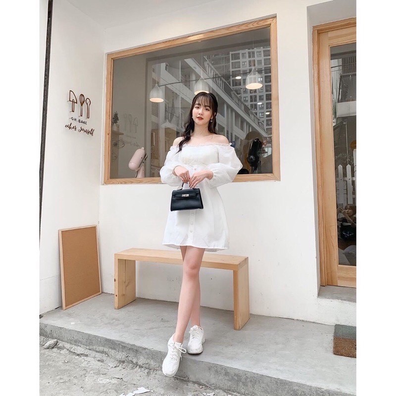 Váy trễ vai trắng triết eo tay bồng tiểu thư xinh xắn/ Đầm trắng trễ vai có triết eo | BigBuy360 - bigbuy360.vn