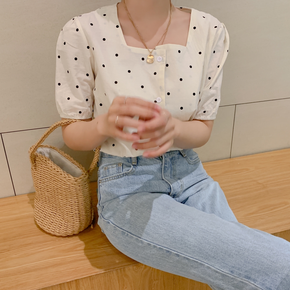 SUXI Áo sơ mi tay ngắn họa tiết chấm bi thanh lịch thời trang phong cách Hàn Quốc cho nữ
