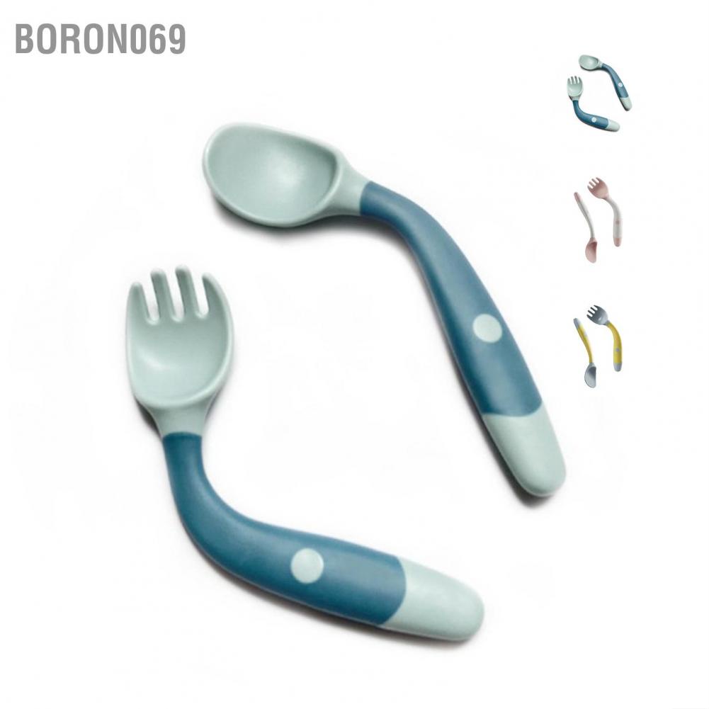 Boron069 Baby Fork Spoon Set Bent Handles Soft PP Self Eating Training Toddler Feeding Utensils Kit