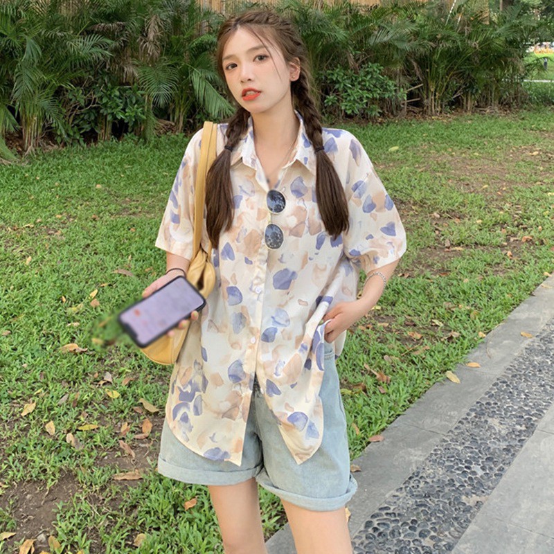 Áo sơ mi voan hoa ngắn tay thời trang mùa hè retro dành cho nữ