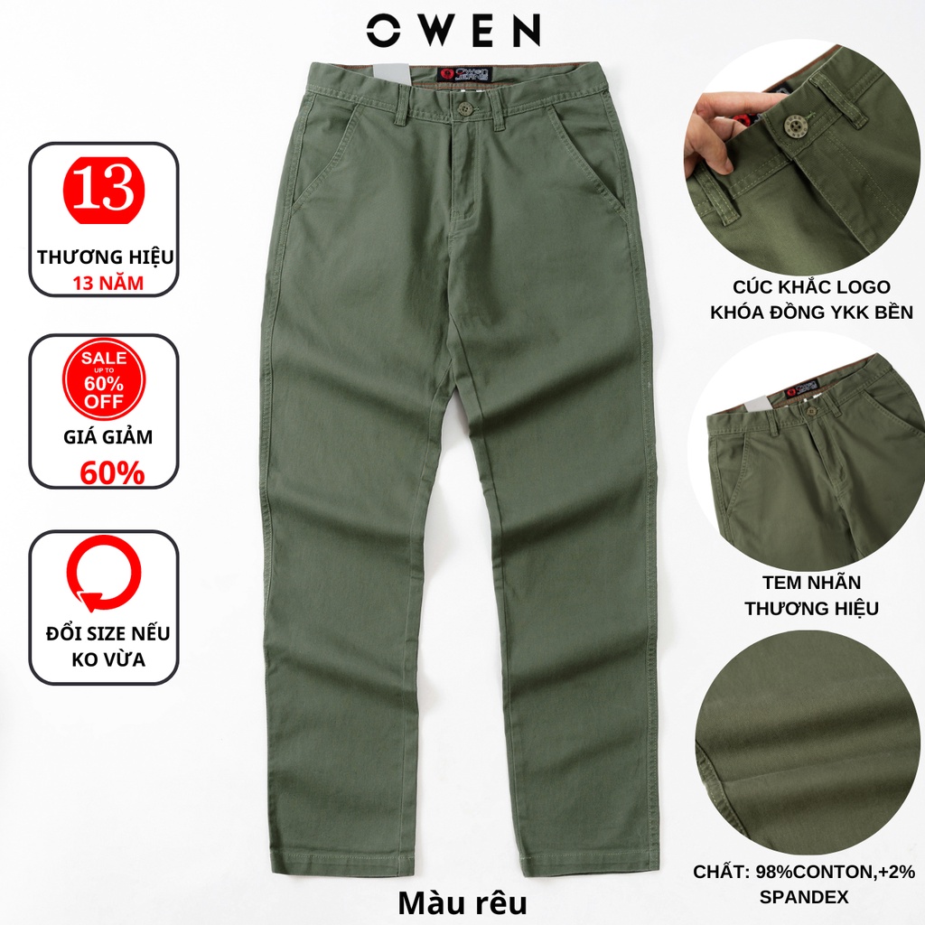 quần kaki nam OWEN chuẩn hãng màu rêu, chất kaki cotton dày dặn, cao cấp, co giãn, form đứng dáng slimfit nhẹ trẻ trung