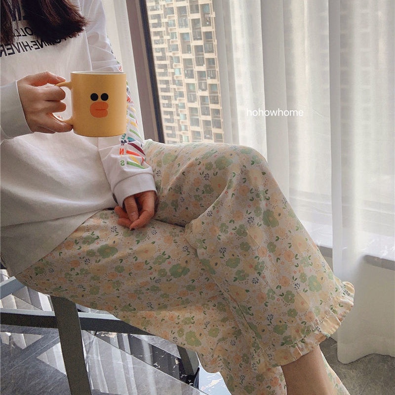 Quần dài ống rộng cạp cao họa tiết hoa phong cách Hàn Quốc thời trang trẻ trung