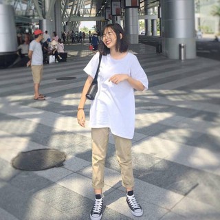 Combo quần kaki suông - áo thun trơn tay lỡ form rộng nam nữ đều được (Giống hình 100%)