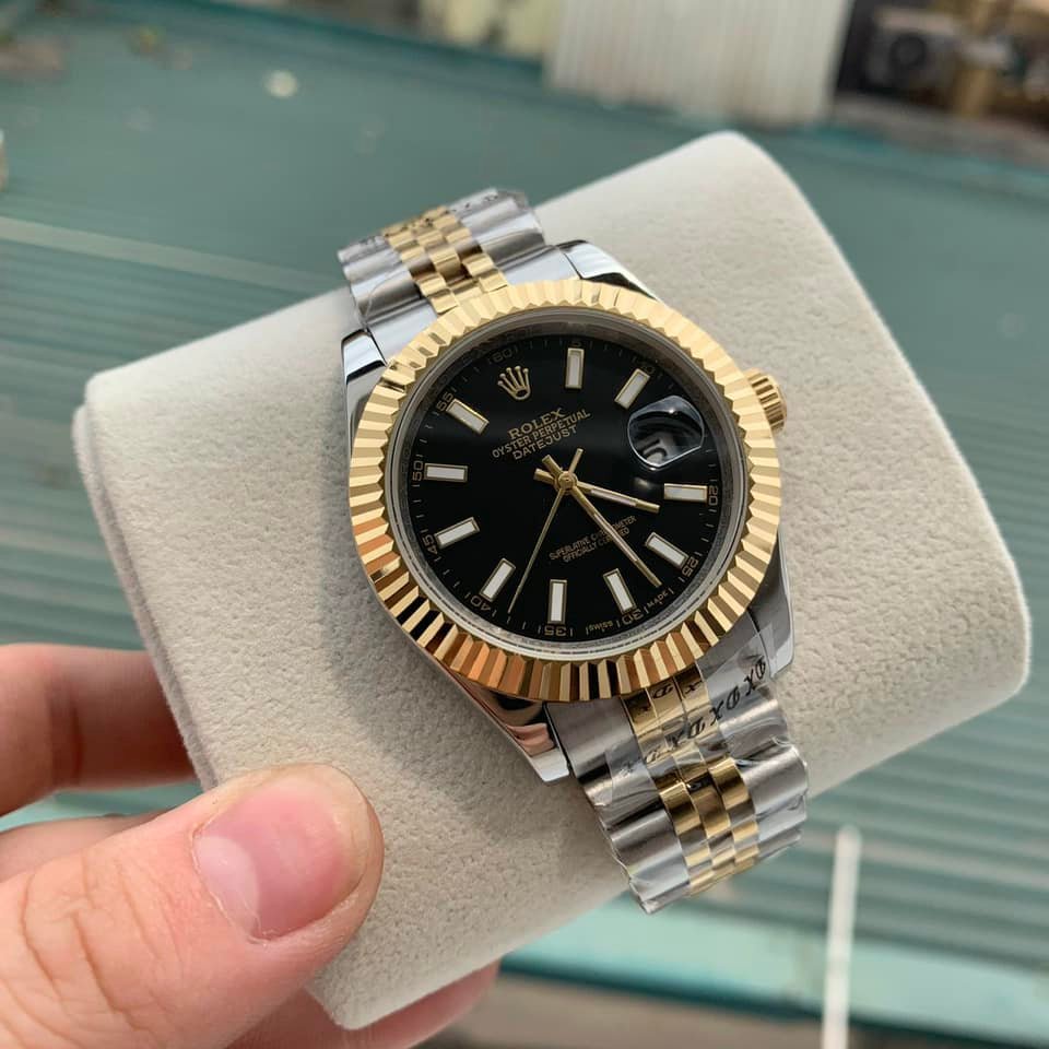 Đồng hồ Nam Rolex số gạch có dạ quang sáng máy nhật đơ mi trắng vàng dòng cơ Automatic mặt size 41mm