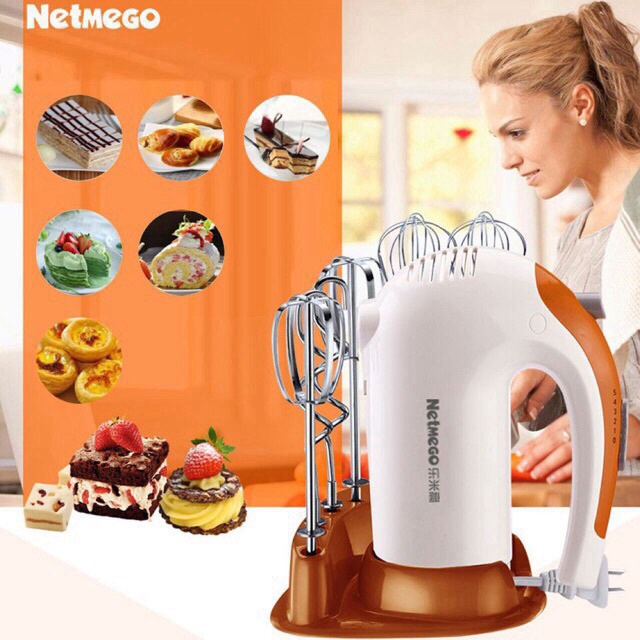 Máy đánh trứng Netmego N38D 300W, máy đánh trứng cầm tay cao cấp, tặng kèm phụ kiện nhào bột