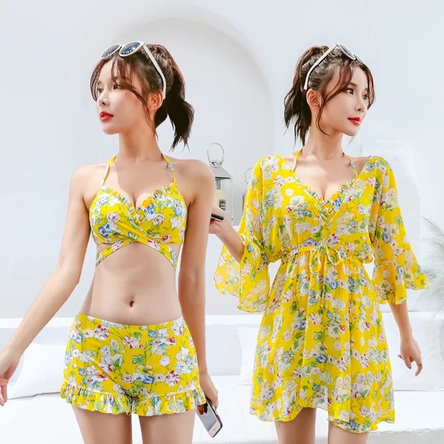 Bikini áo tắm cao cấp, đồ bơi nữ 3 mảnh, với áo choàng dáng váy đi biển hoạ tiết hoa | BigBuy360 - bigbuy360.vn