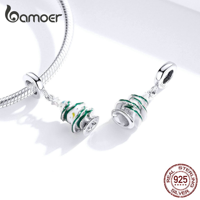 Hạt xỏ trang sức Bamoer hình cây giáng sinh có tuyết bằng bạc 925 dùng làm vòng tay nữ SCC1356