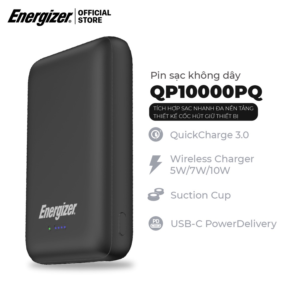 Pin dự phòng Energizer 10000mAh QP10000PQ -tích hợp sạc nhanh đa nền tảng,thiết kế cốc hút giữ thiết bị-Hàng Chính Hãng