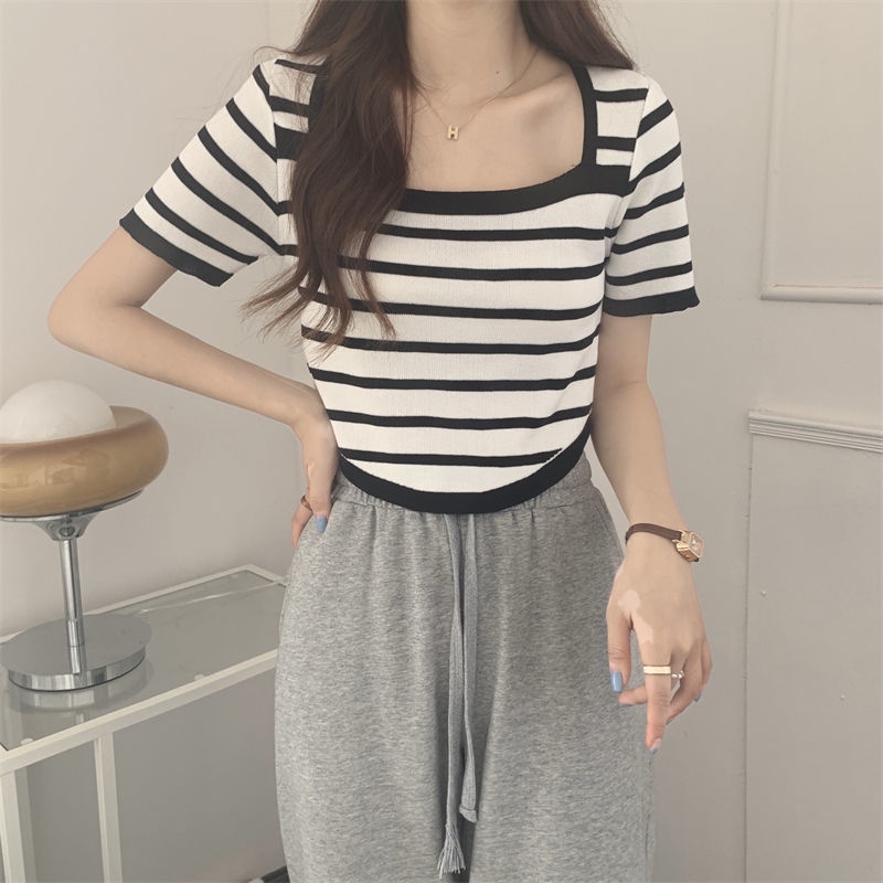Áo Thun Dệt Kim Tay Ngắn Họa Tiết Kẻ Sọc Thời Trang Mùa Hè Cho Học Sinh