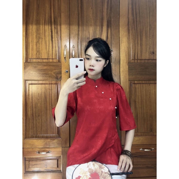 Thời trang nữ truyền thống cổ tàu vải gấm, áo lam đi chùa