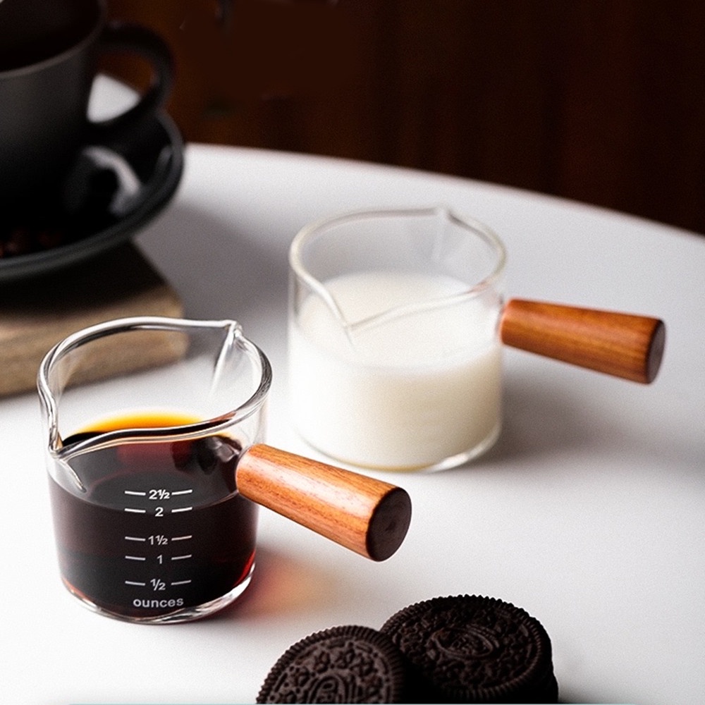 Cốc đong pha cà phê espresso / sữa bằng thủy tinh hai lớp tay cầm gỗ