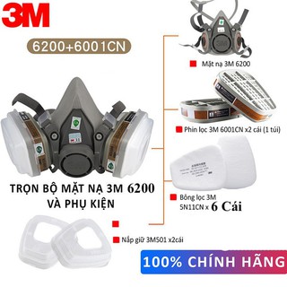 Bộ mặt nạ 3m 6200 đầy đủ kèm thêm 4 tấm lọc 5n11 dự phòng, mặt nạ có tác dụng chống hoá chất và bụi pm2.5