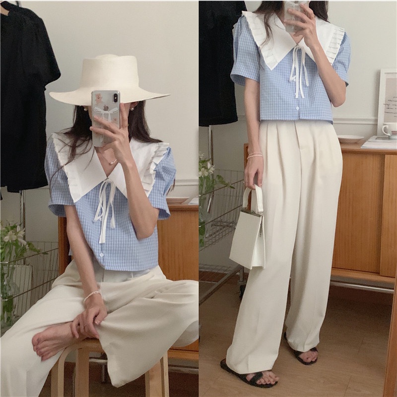 Áo Sơ Mi Ngắn Tay Thắt Dây Cổ Bẻ Phong Cách Pháp 52075