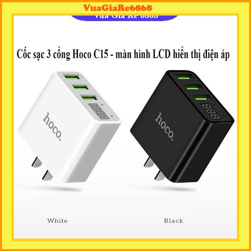 Cốc sạc 3 cổng Hoco C15 3A - màn hình LCD hiển thị điện áp