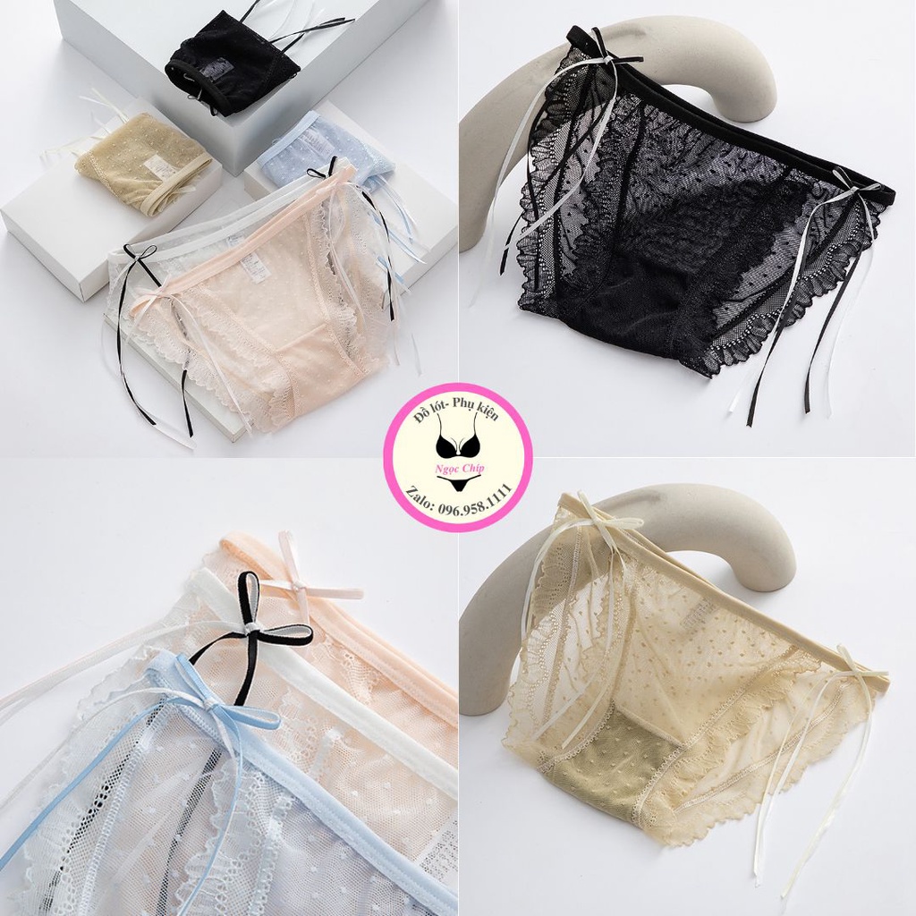 Quần lót nữ ren lưới cao cấp, quần lót xuyên thấu đính nơ 2 bên gợi cảm NĐ13