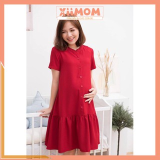  Váy bầu công sở - đầm bầu đẹp màu đỏ dáng suông đuôi cá cho con ti sau sinh HD01 - Xiimom
