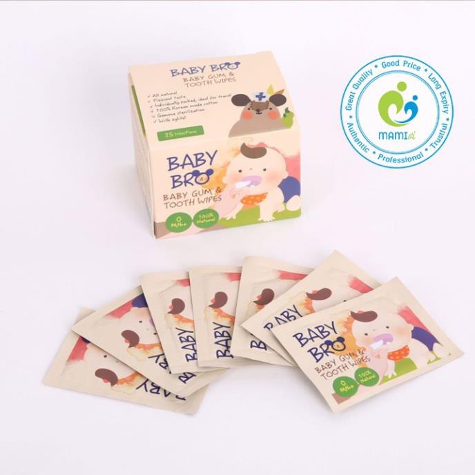 Khăn giấy (25 miếng) gạc tưa lưỡi Xylitol vệ sinh răng miệng cho bé 0-3 tuổi Babybro gum & tooth wipes, Hàn Quốc