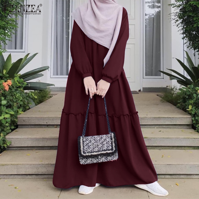 Đầm maxi nữ ZANZEA dài tay gấu tay bồng màu trơn