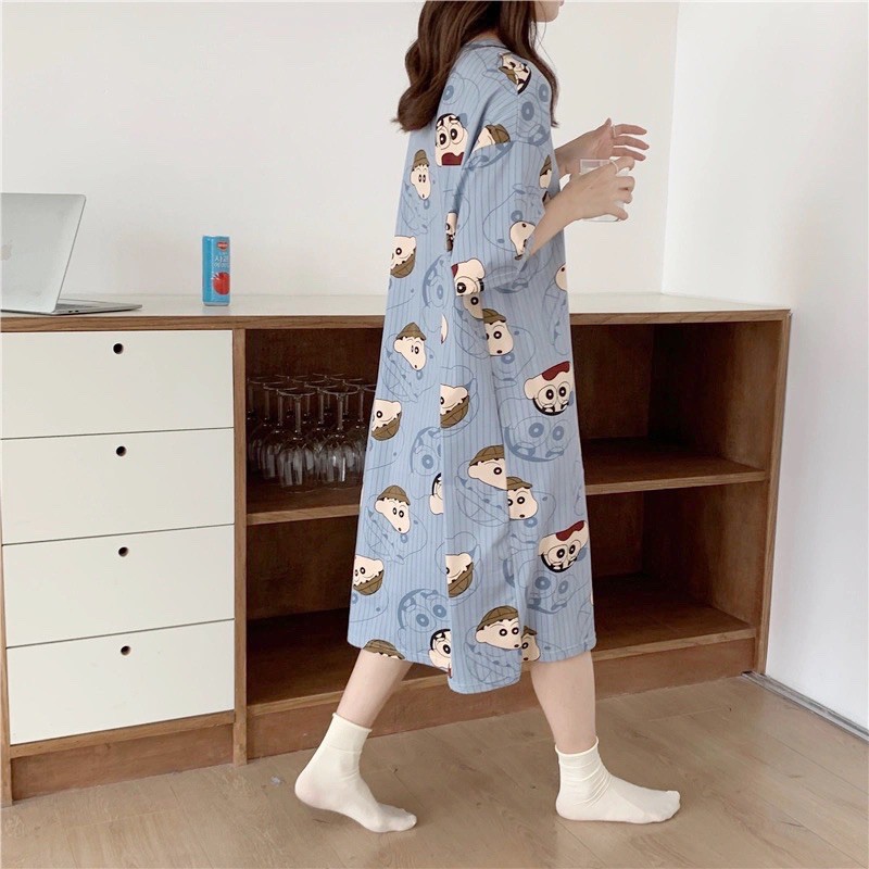 Váy ngủ cute hình nhóc shin, Váy ngủ dáng xuông màu xanh hình cu shin