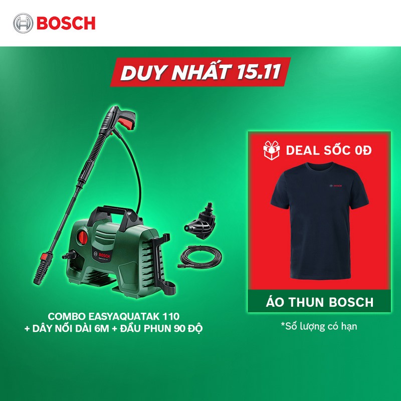 Combo Máy phun xịt rửa áp lực cao Bosch Easy Aquatak 110 + Dây nối dài 6m + Đầu phun 90 độ