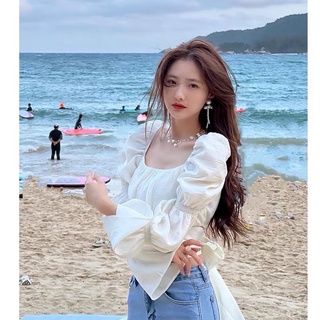 Áo kiểu cổ vuông tay phồng cột nơ eo ❤️
