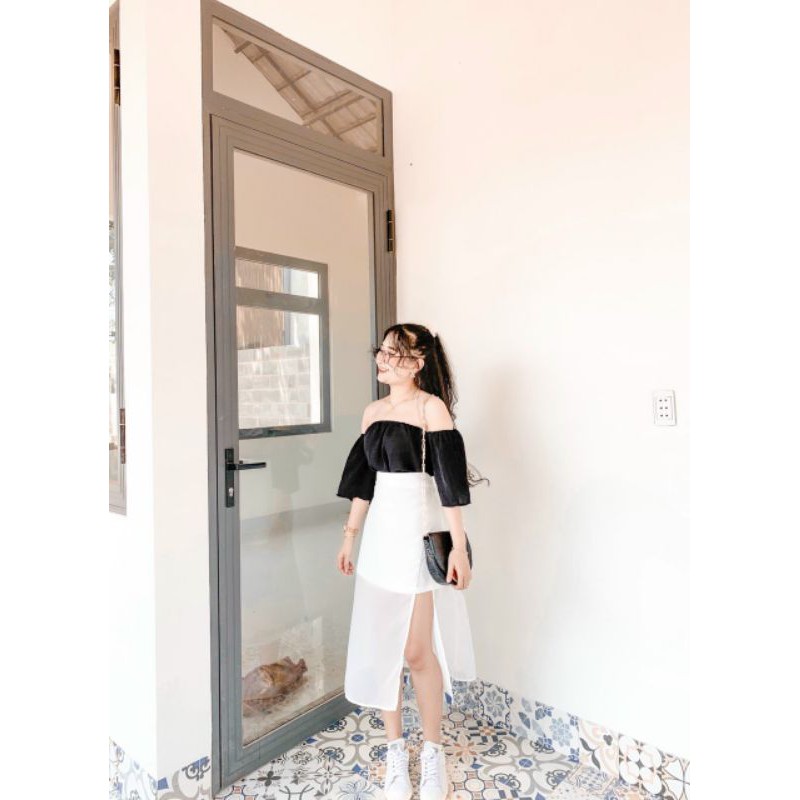 CHÂN VÁY MIDI NGẮN PHỐI VOAN XẺ TÀ E14-1