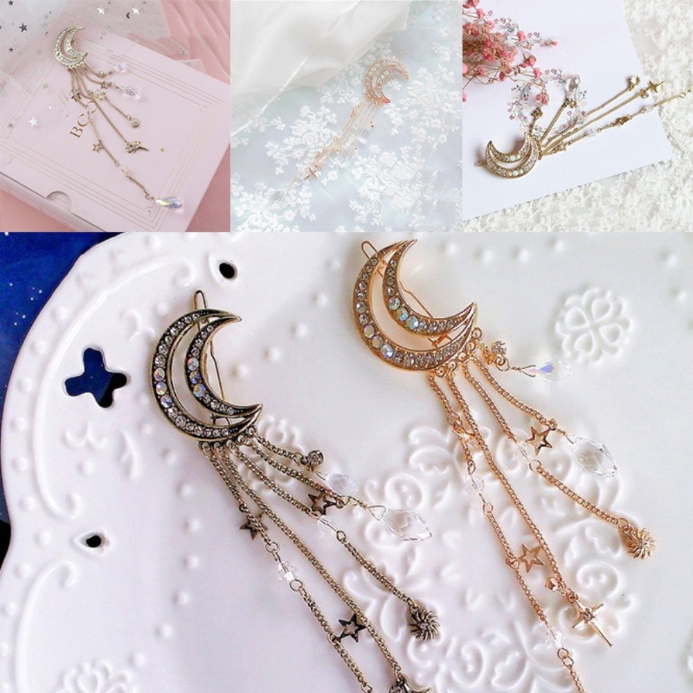Kẹp Tóc Đính Đá Mặt Trăng Tua Rua Phong Cách Retro Cho Cô Dâu