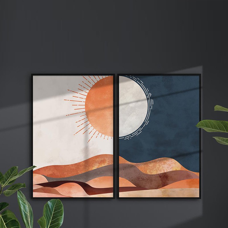 Bộ 2 Tranh Treo Tường Vải Canvas Boho Minimalism Tối Giản Chữa Lành Ngày Và Đêm Mặt Trời và Mặt Trăng Sa Mạc -MELYHOME