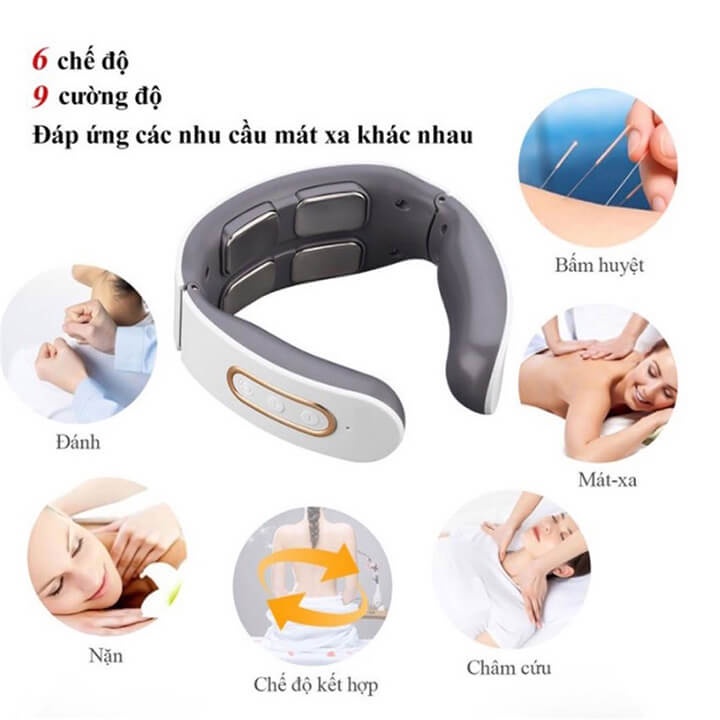 Máy massage cổ vai gáy 3D ứng dụng xung điện với 4 đầu tiếp xúc, 6 chế độ matxa, 9 mức cường độ, máy mát xa đốt sống cổ