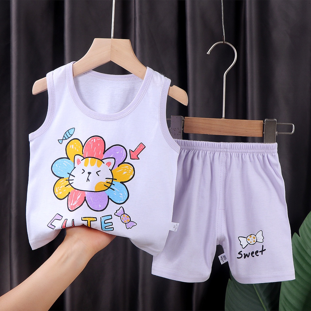 Set áo sát nách + quần short vải cotton thoáng khí phong cách Hàn Quốc cho bé