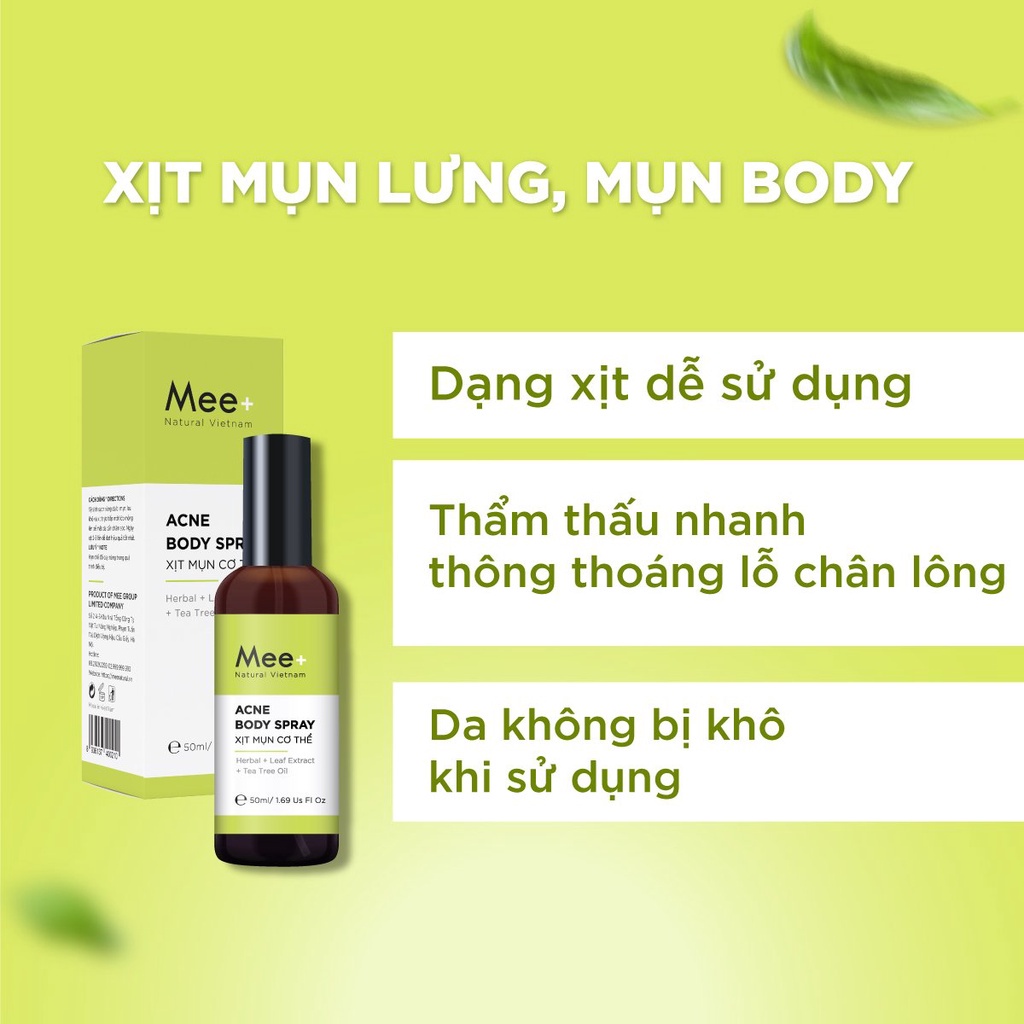 Xịt mụn lưng, mụn body - Thảo mộc giúp sạch mụn, hết thâm, làm mềm và sáng da body MEE NATURAL 50ml