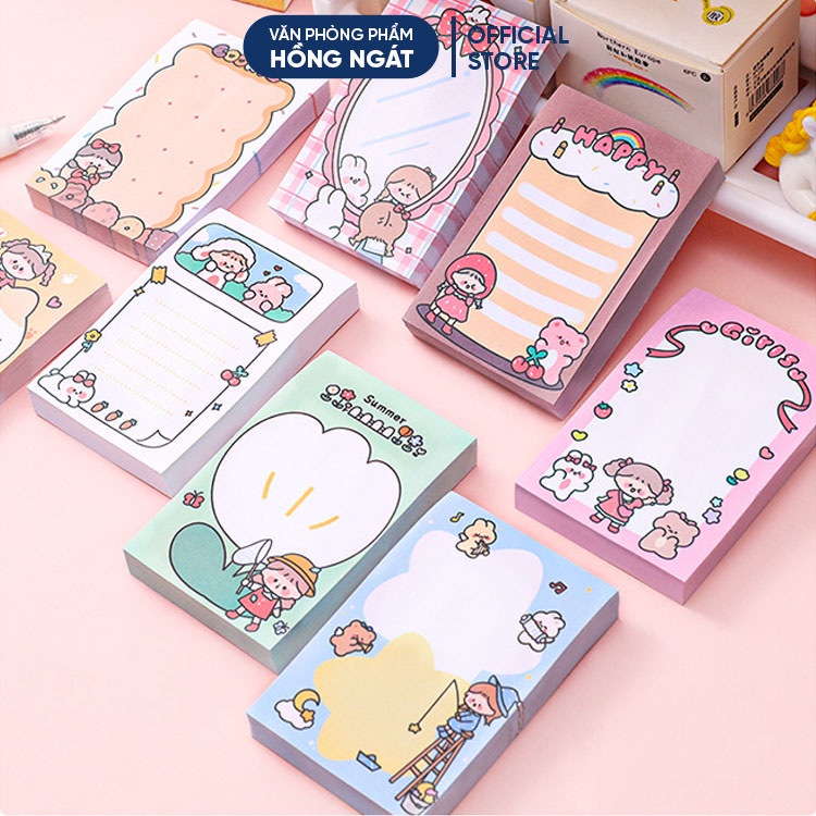 Giấy note cute hoạt hình HCN, giấy ghi chú dễ thương nhỏ gọn nhiều màu 80 tờ đồ dùng học tập văn phòng phẩm GN04