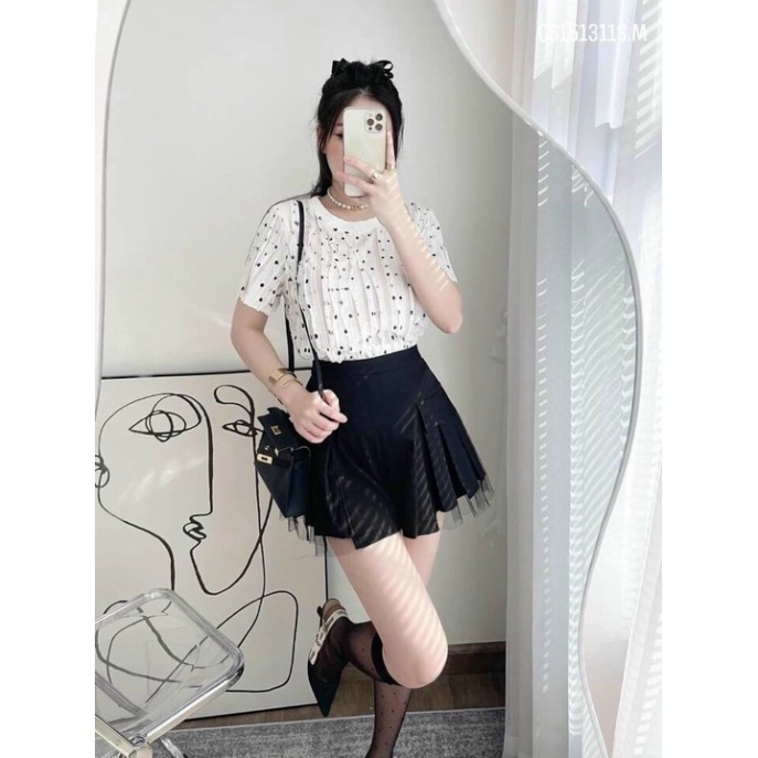 Chân Váy Xếp Li Phối Lưới Tuyết Mưa 2 Màu Đen Trắng May Kèm Quần Trong-Thời Trang-Tôn Dáng-Cao Cấp-Cún-040